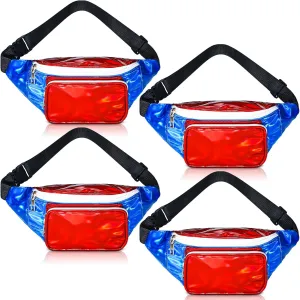 4 Pcs Mardi Gras Holographic Fanny Packs for Women Adjustable Mardi Gras Purse for Carnival Party Accessories(Red Blue White)