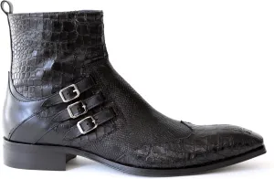 4991 Italian Black Croco/Laser Cut With 3 Buckles Ankle Boots