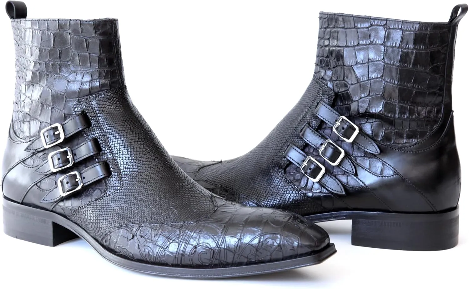 4991 Italian Black Croco/Laser Cut With 3 Buckles Ankle Boots