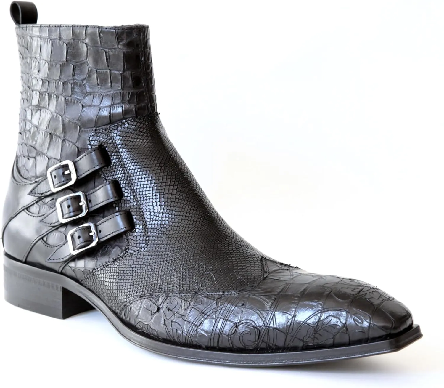 4991 Italian Black Croco/Laser Cut With 3 Buckles Ankle Boots