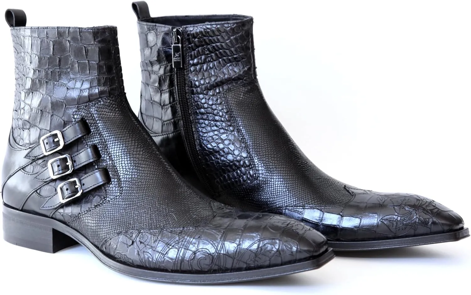 4991 Italian Black Croco/Laser Cut With 3 Buckles Ankle Boots