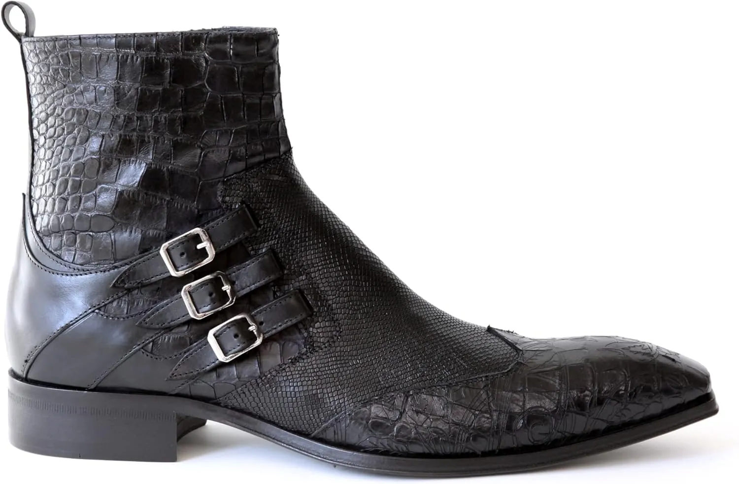4991 Italian Black Croco/Laser Cut With 3 Buckles Ankle Boots