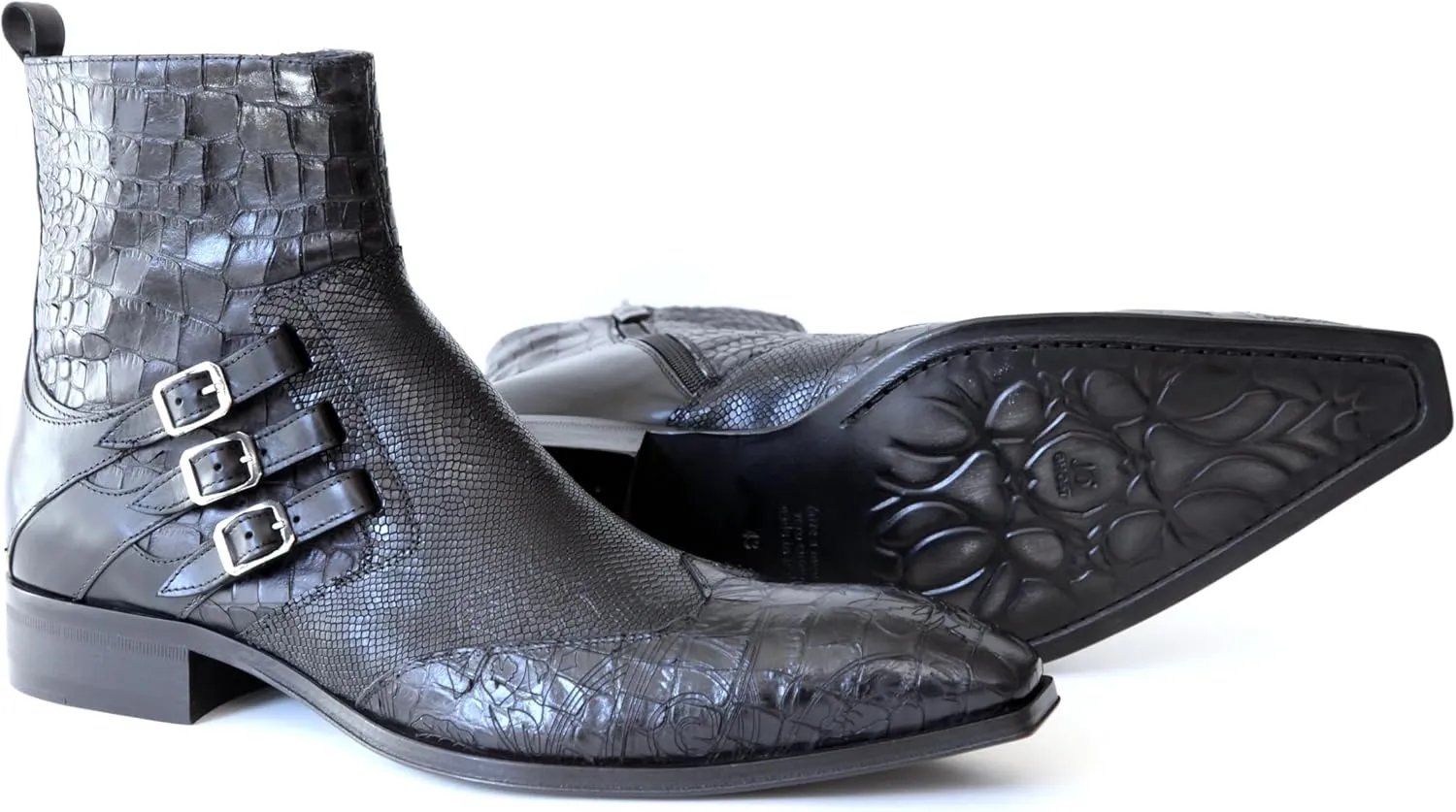 4991 Italian Black Croco/Laser Cut With 3 Buckles Ankle Boots