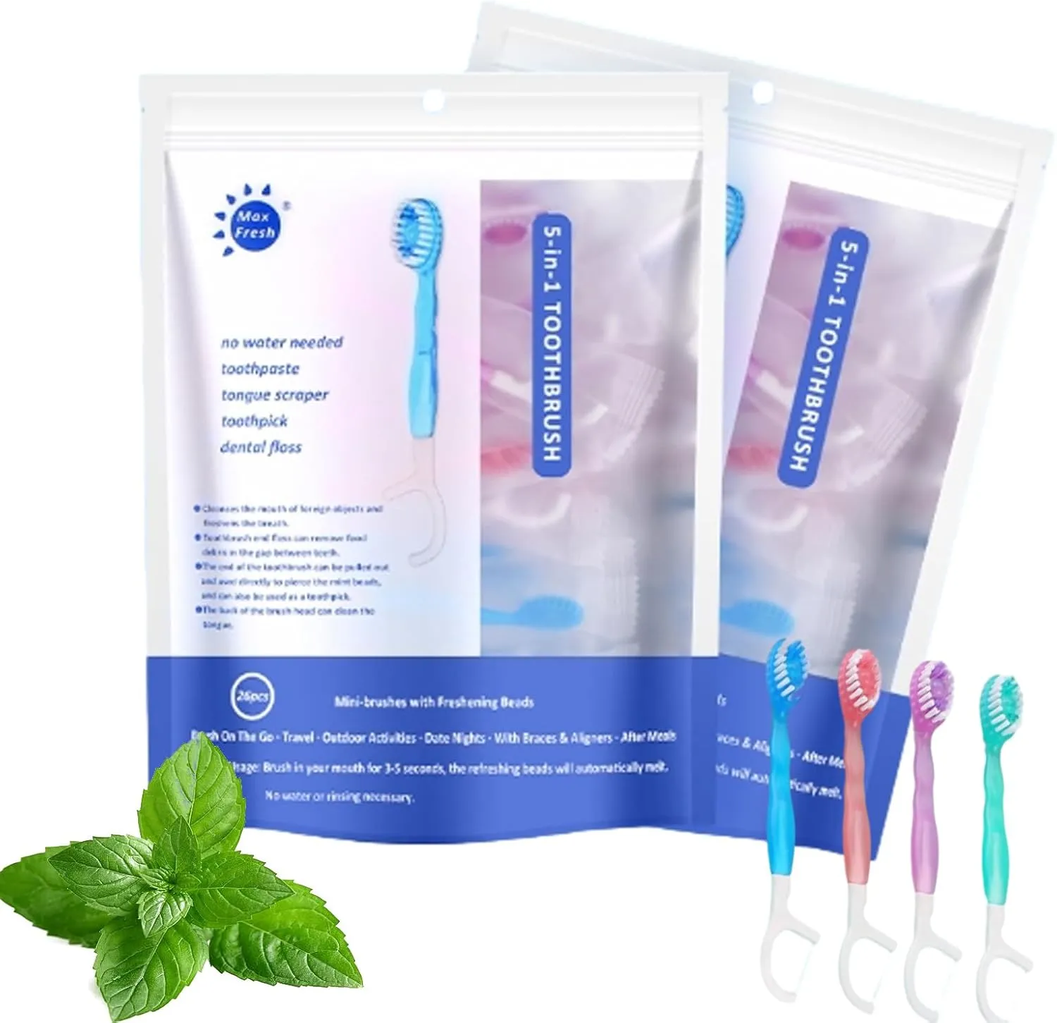 5 in 1 Mini Toothbrush & Floss & Tongue Scraper & Toothpick Set, 26PCS Bulk Toothbrushes Individually, On The Go Toothbrush with Freshening Bead (2bag)