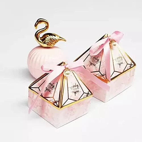 50pcs Pink Gem Tower Birthday Wedding Party Favor Boxe with Ribbon Bead Gift Bags Chocolate Candy and Packaging Gift Boxes Bridal Shower Baby Shower