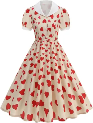 50s Hepburn Dresses for Women Vintage Print Short Puff Sleeve Lapel Button Swing Cocktail Party Homecoming Prom Dress
