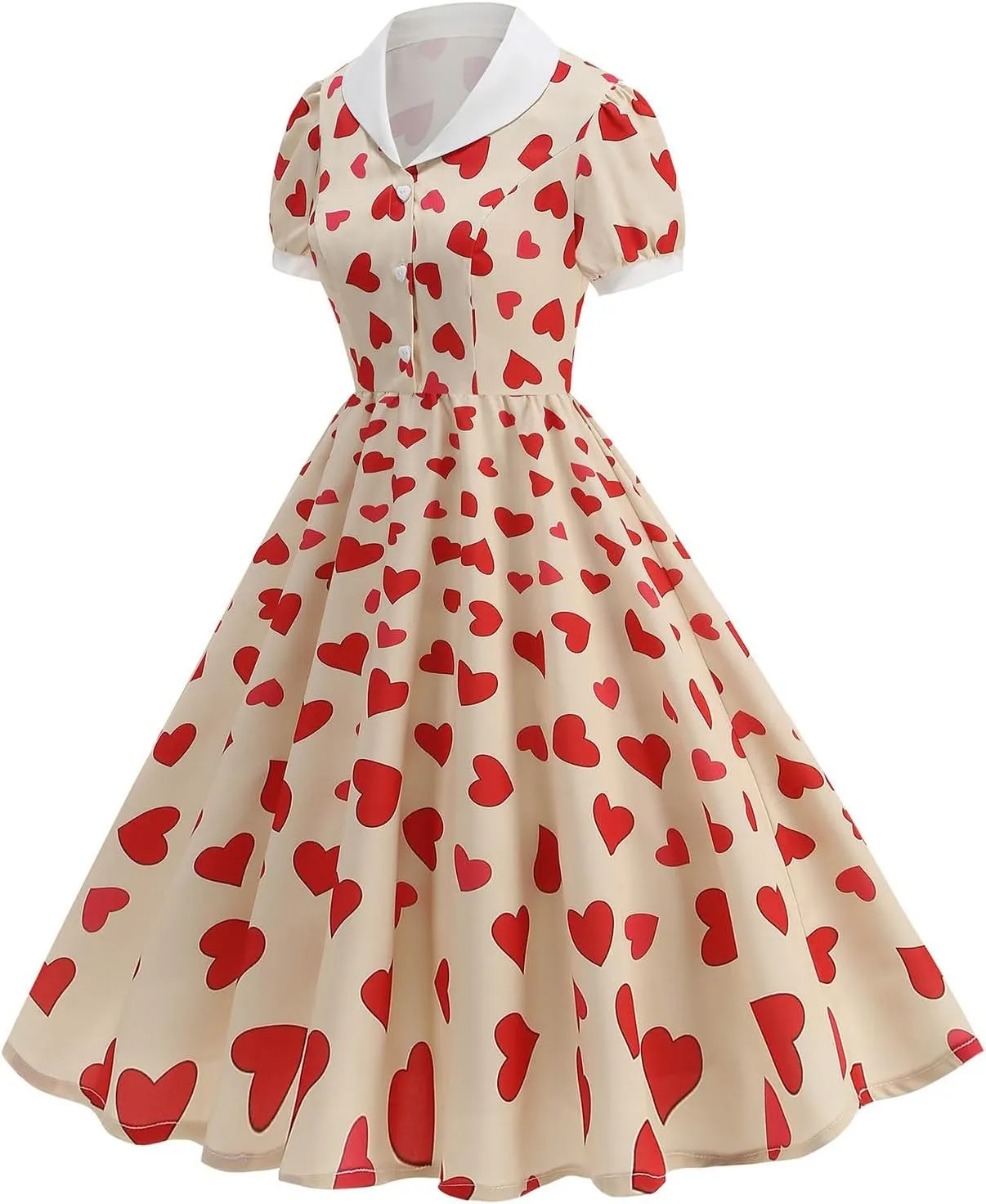 50s Hepburn Dresses for Women Vintage Print Short Puff Sleeve Lapel Button Swing Cocktail Party Homecoming Prom Dress