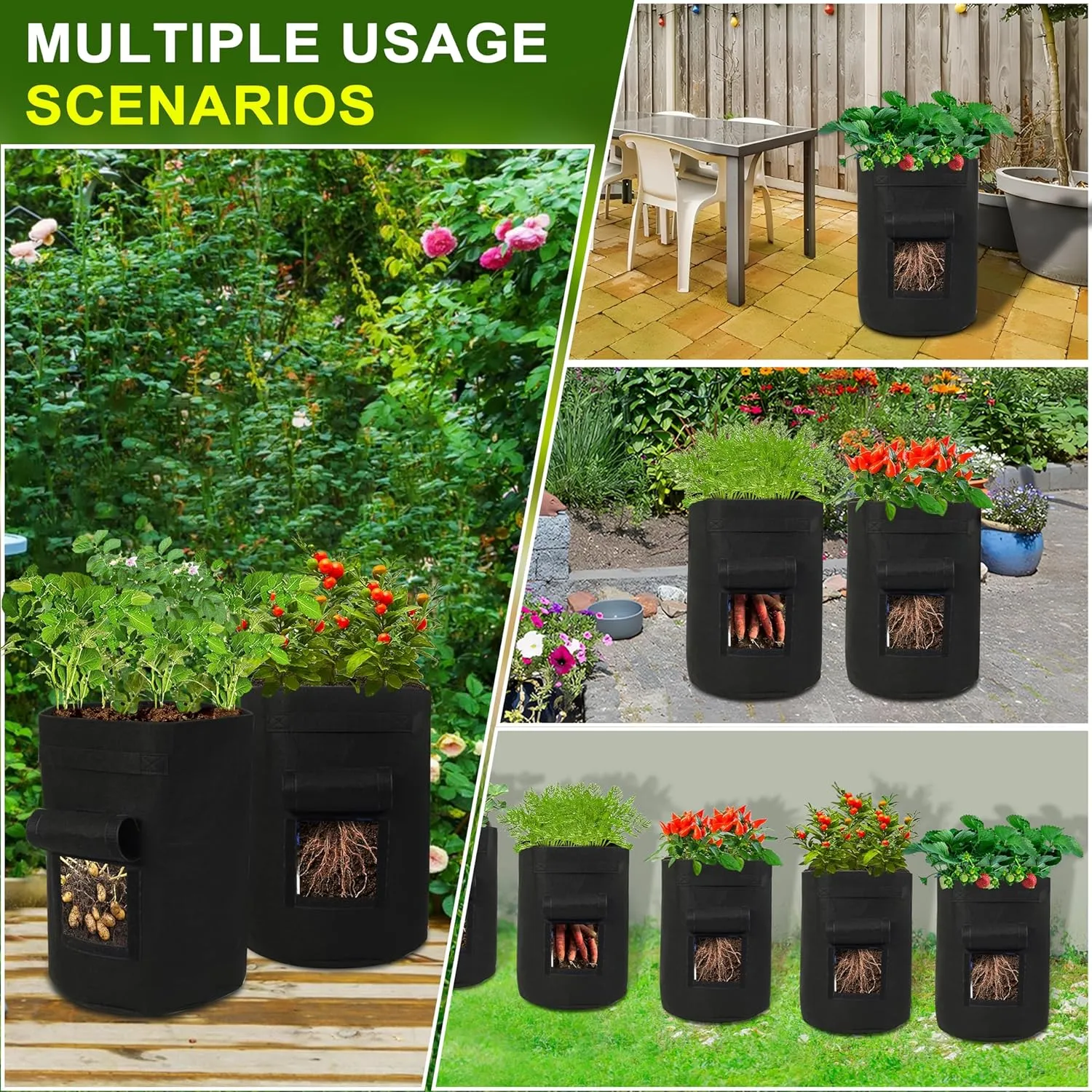 6-Pack 15-Gallon Grow Bags with 2 Flaps and Reinforced Handles,Non-Woven Potato Grow Bags, Heavy-Duty Thickened Aeration Fabric Pots for Potatoes, Tomatoes, Flowers, and Vegetables