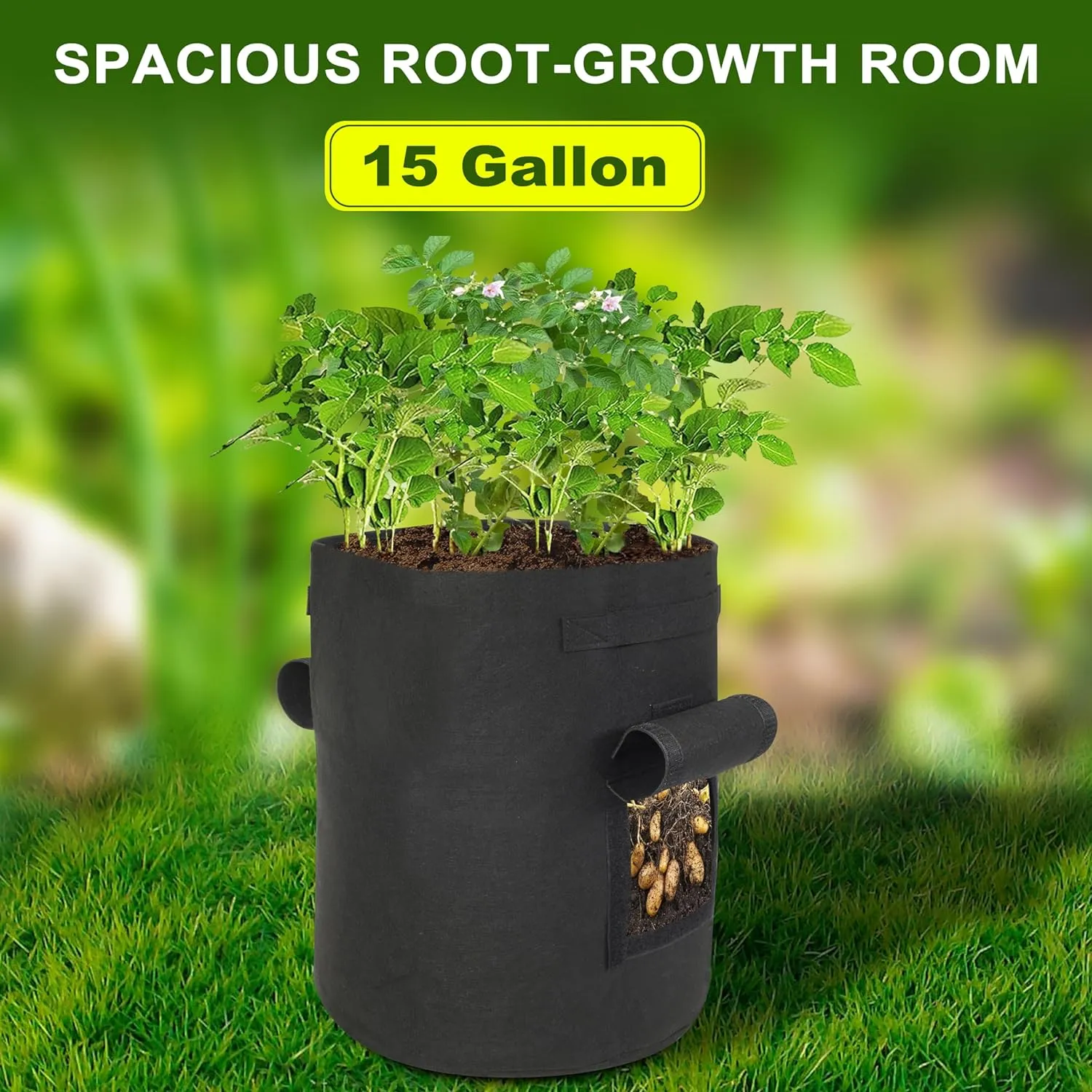 6-Pack 15-Gallon Grow Bags with 2 Flaps and Reinforced Handles,Non-Woven Potato Grow Bags, Heavy-Duty Thickened Aeration Fabric Pots for Potatoes, Tomatoes, Flowers, and Vegetables