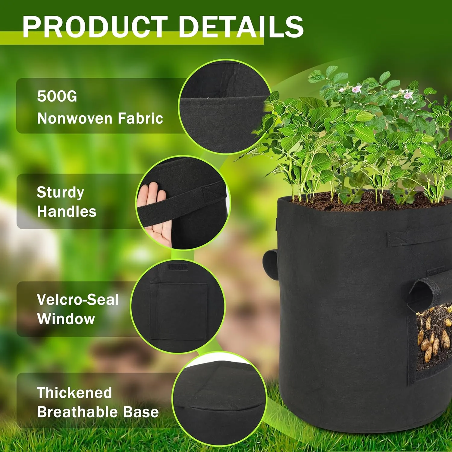 6-Pack 15-Gallon Grow Bags with 2 Flaps and Reinforced Handles,Non-Woven Potato Grow Bags, Heavy-Duty Thickened Aeration Fabric Pots for Potatoes, Tomatoes, Flowers, and Vegetables