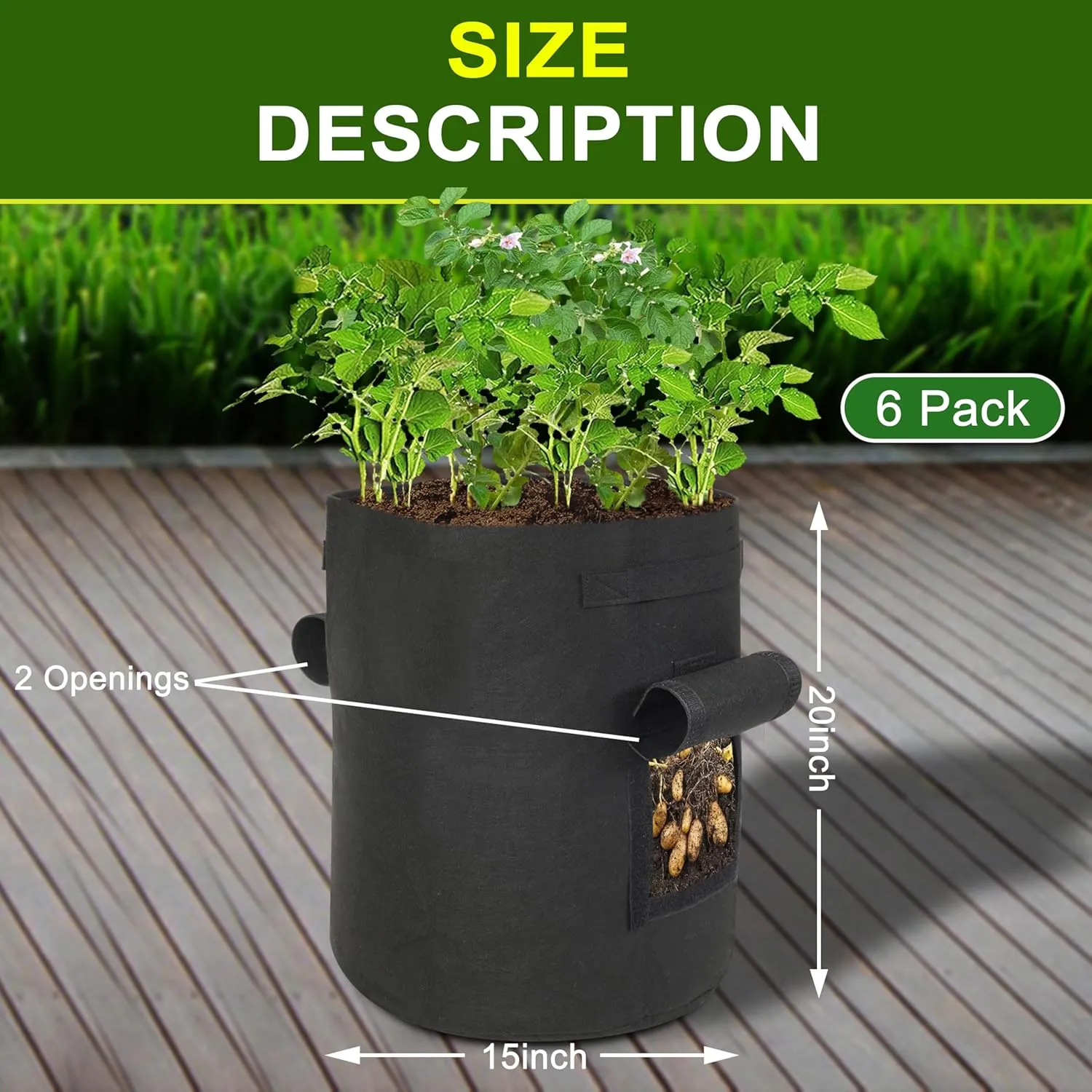 6-Pack 15-Gallon Grow Bags with 2 Flaps and Reinforced Handles,Non-Woven Potato Grow Bags, Heavy-Duty Thickened Aeration Fabric Pots for Potatoes, Tomatoes, Flowers, and Vegetables