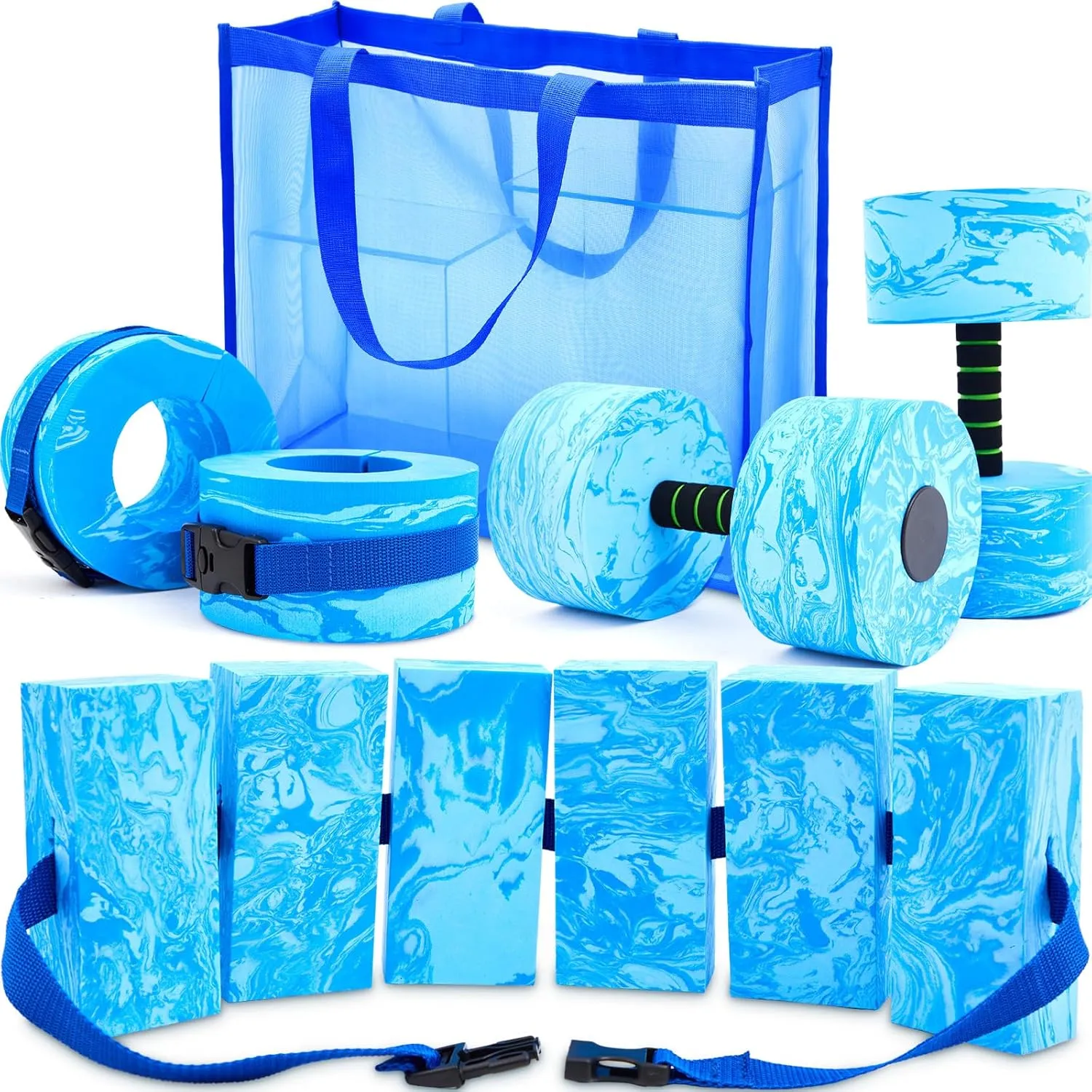 6 Pcs Aquatic Exercise Set Water Aerobics Set with Large Mesh Beach Bag Pool Fitness Equipment Foam Water Dumbbell Ankle Swimming Weight Aquatic Swim Belt for Exercise Weight Loss