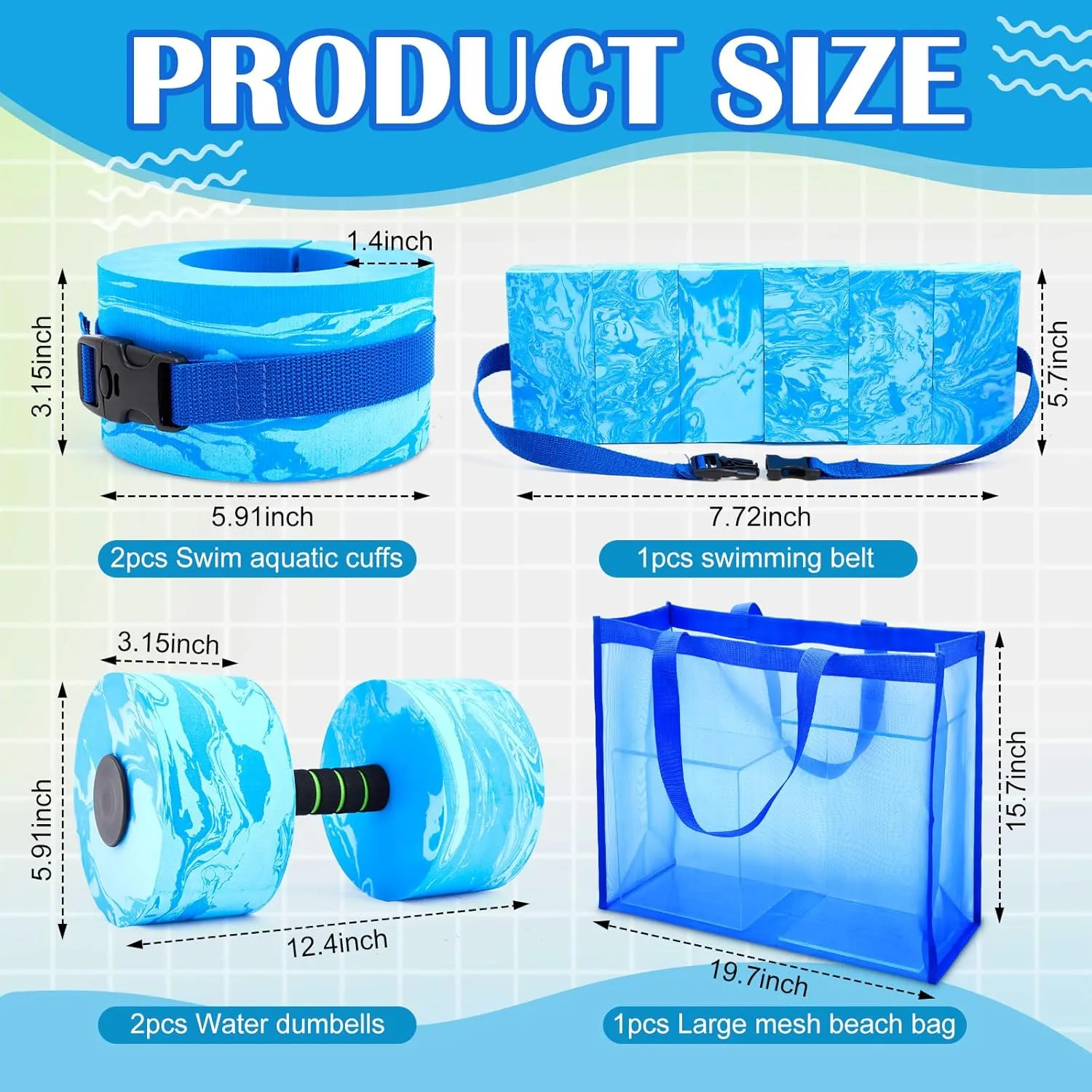 6 Pcs Aquatic Exercise Set Water Aerobics Set with Large Mesh Beach Bag Pool Fitness Equipment Foam Water Dumbbell Ankle Swimming Weight Aquatic Swim Belt for Exercise Weight Loss