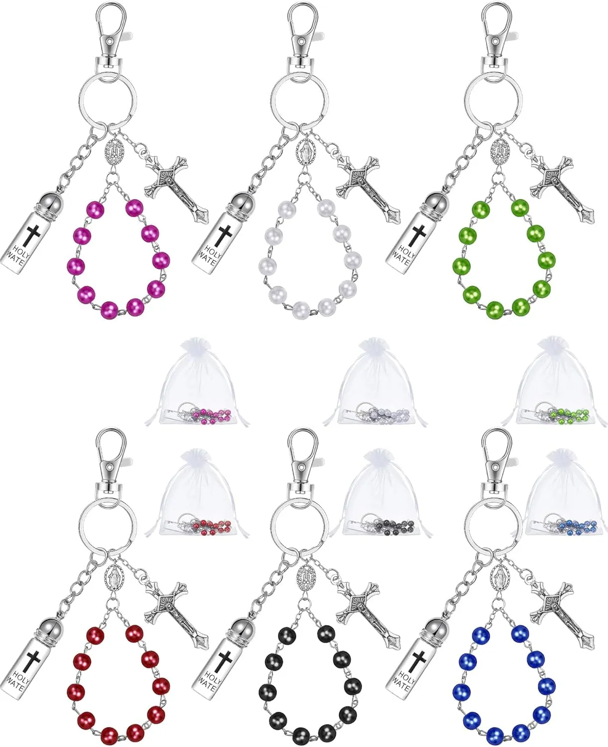 6 Set Holy Water Bottle Keychain Gift Bulk with Rosary Bead Crucifix Organza Bags Eyedropper Holy Water Bottles Containers for Catholic Christian Easter First Communion Party Favor