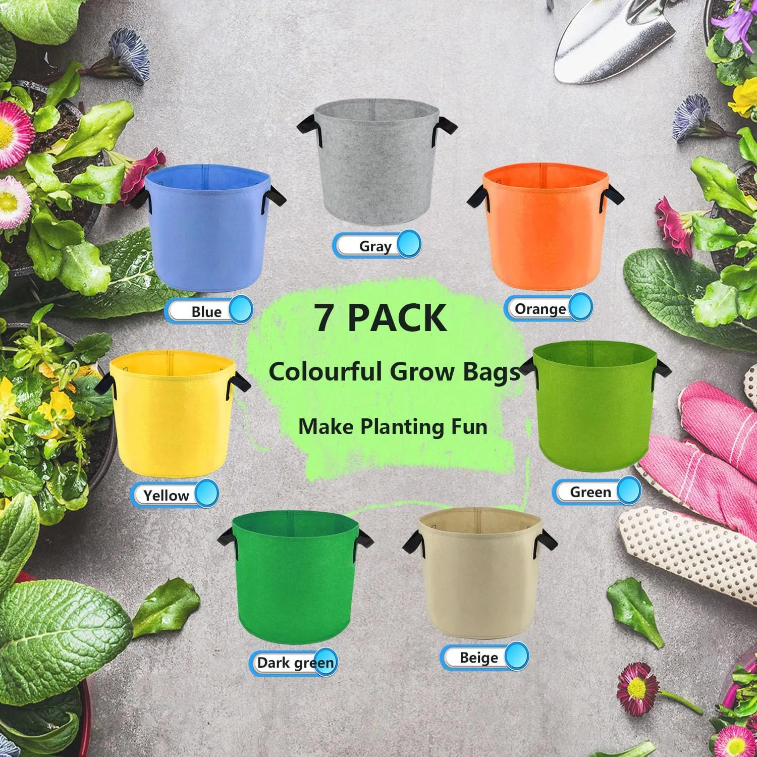 7-Pack 5 Gallon Grow Bags, Multi-Colored Planting Fabric Pots Garden Bags to Grow Vegetables,Flowers,Fruits, Tomato Growing Bag