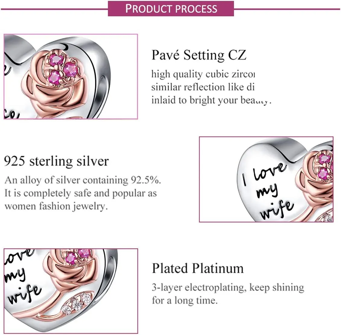 925 Sterling Silver Heart Love with 3D Rose Flower Charms Beads for Bracelets Necklaces Wedding Valentine's Day Mother's Day Christmas Gift Jewelry for Wife Mom Sister Family Best Friends