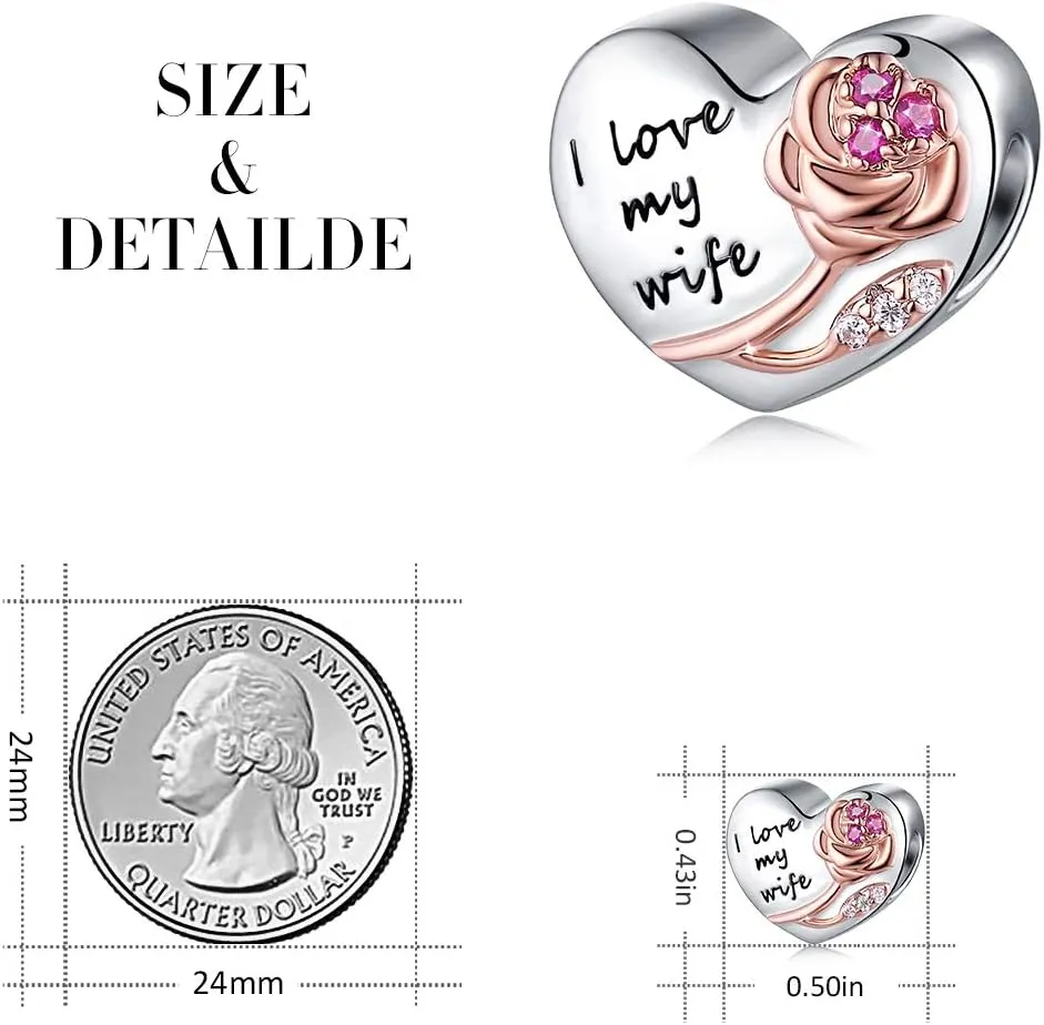 925 Sterling Silver Heart Love with 3D Rose Flower Charms Beads for Bracelets Necklaces Wedding Valentine's Day Mother's Day Christmas Gift Jewelry for Wife Mom Sister Family Best Friends
