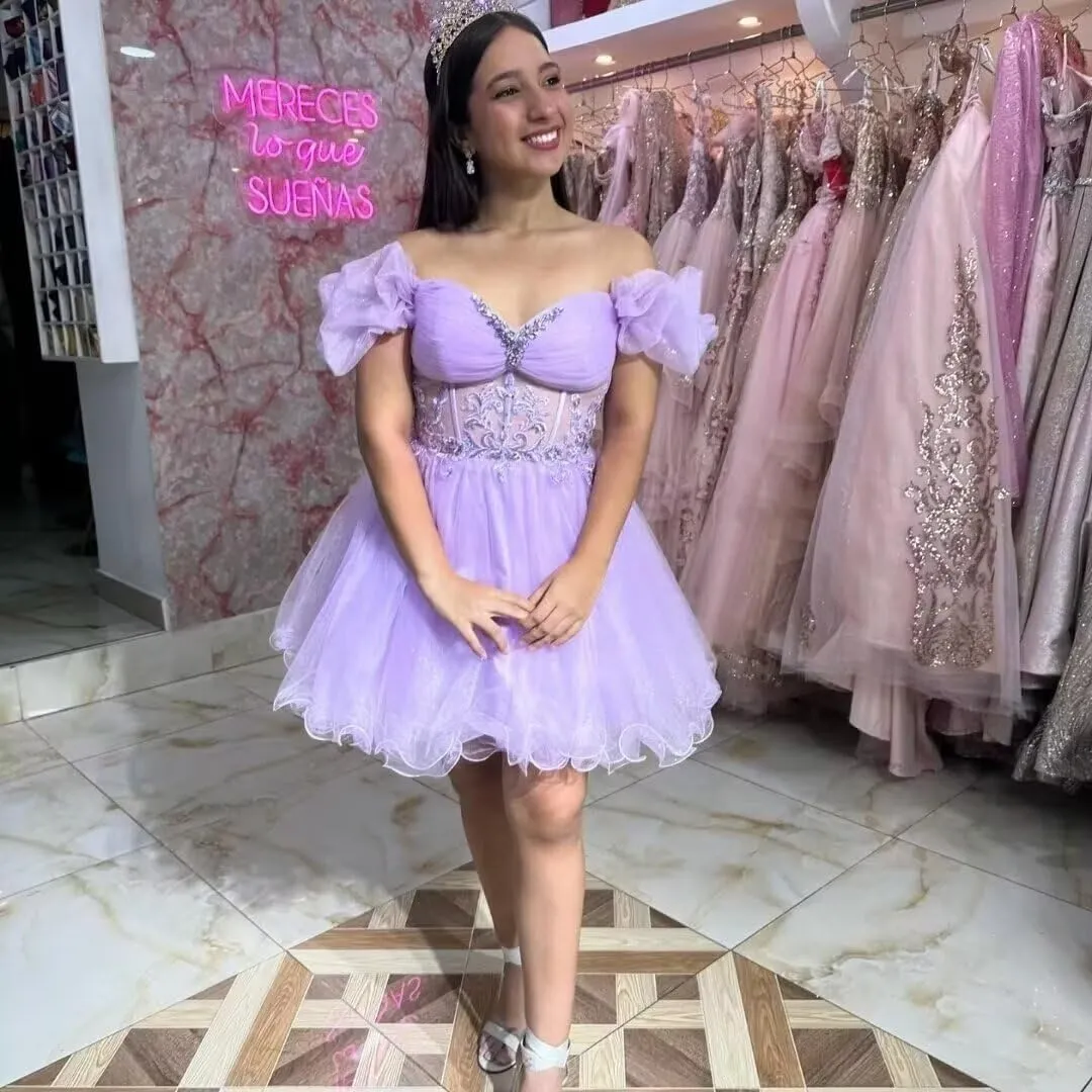 A-line Appliques Tulle Homecoming Dresses for Women, Short Prom Dresses Cocktail Dress Off The Shoulder