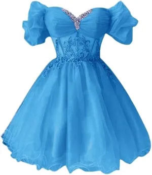 A-line Appliques Tulle Homecoming Dresses for Women, Short Prom Dresses Cocktail Dress Off The Shoulder