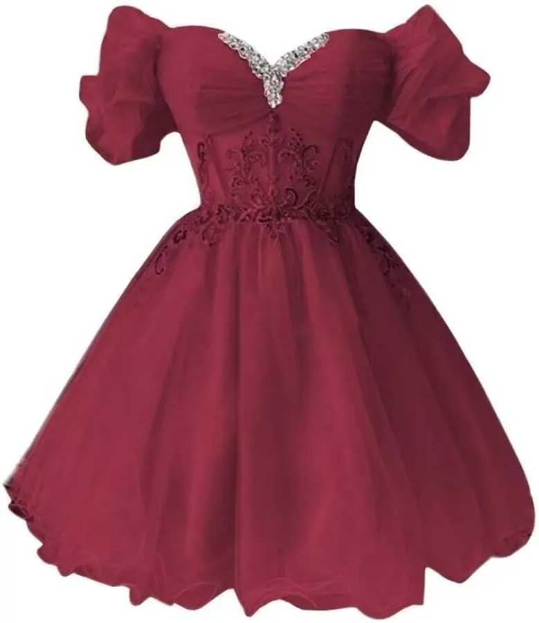 A-line Appliques Tulle Homecoming Dresses for Women, Short Prom Dresses Cocktail Dress Off The Shoulder
