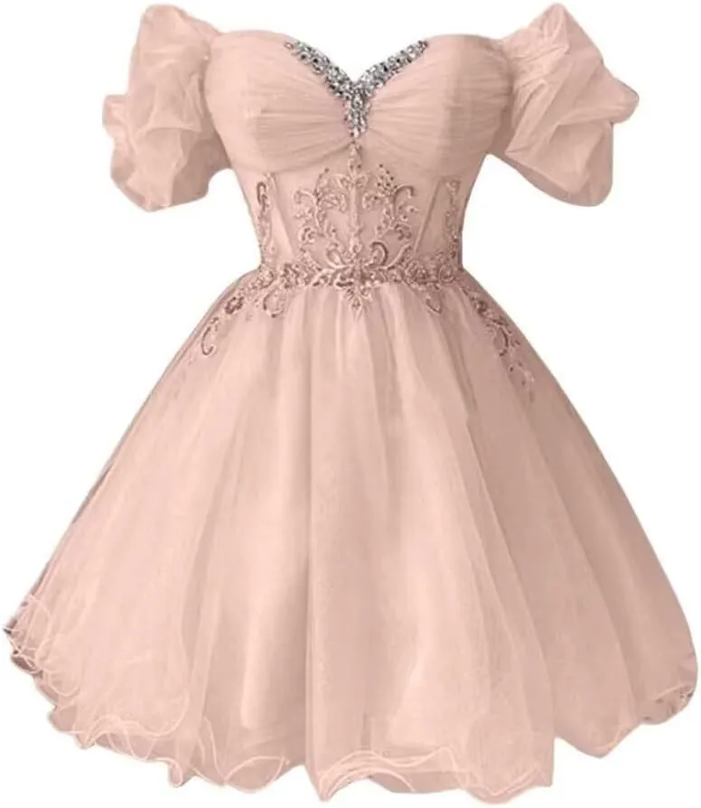 A-line Appliques Tulle Homecoming Dresses for Women, Short Prom Dresses Cocktail Dress Off The Shoulder