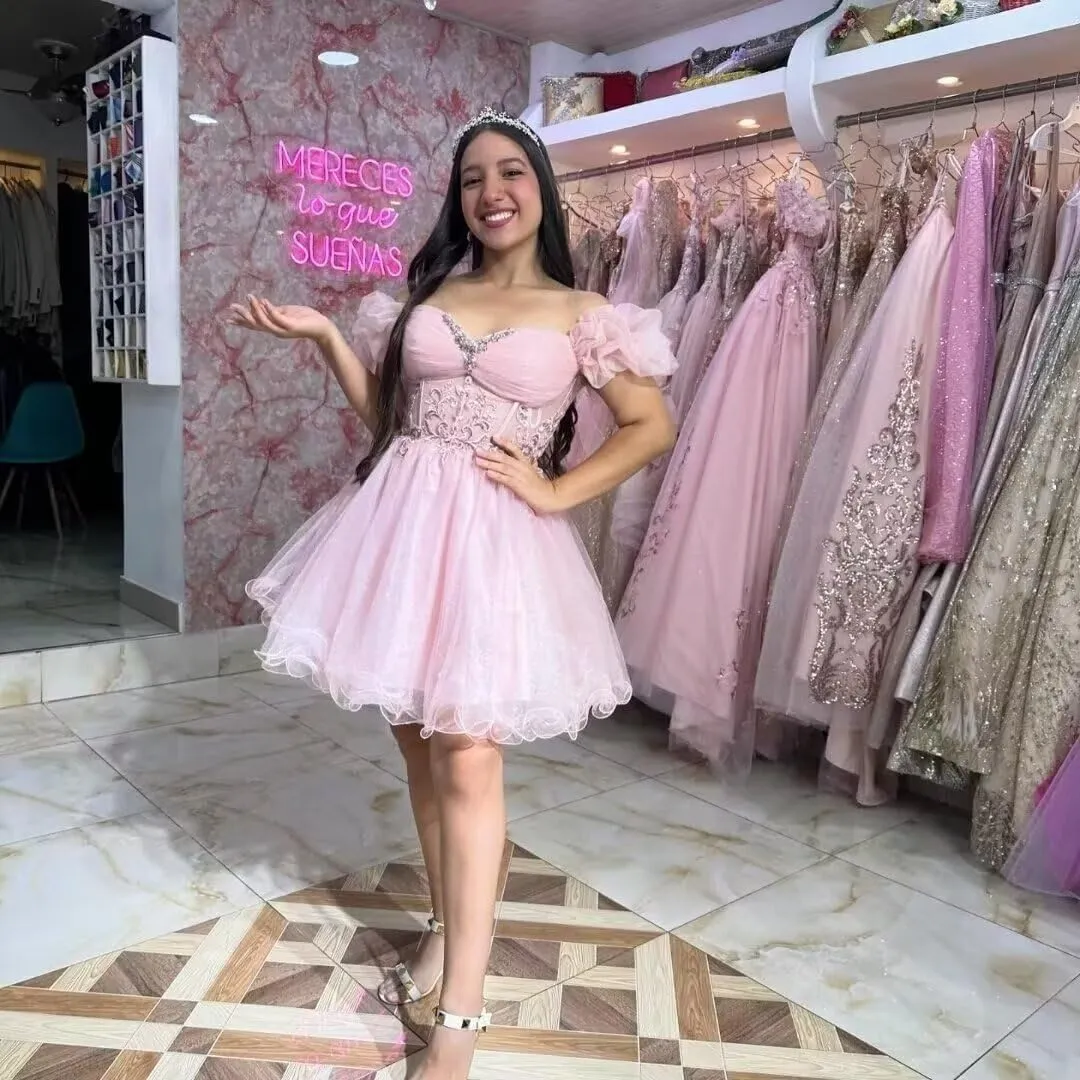 A-line Appliques Tulle Homecoming Dresses for Women, Short Prom Dresses Cocktail Dress Off The Shoulder