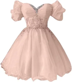 A-line Appliques Tulle Homecoming Dresses for Women, Short Prom Dresses Cocktail Dress Off The Shoulder