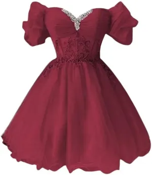 A-line Appliques Tulle Homecoming Dresses for Women, Short Prom Dresses Cocktail Dress Off The Shoulder
