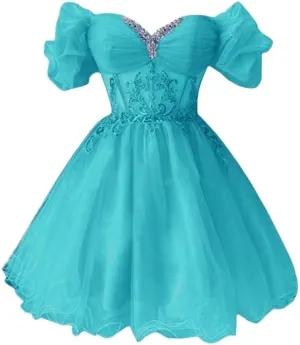 A-line Appliques Tulle Homecoming Dresses for Women, Short Prom Dresses Cocktail Dress Off The Shoulder