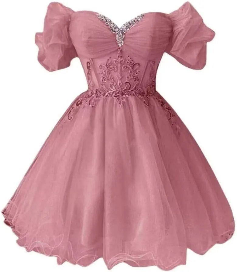 A-line Appliques Tulle Homecoming Dresses for Women, Short Prom Dresses Cocktail Dress Off The Shoulder