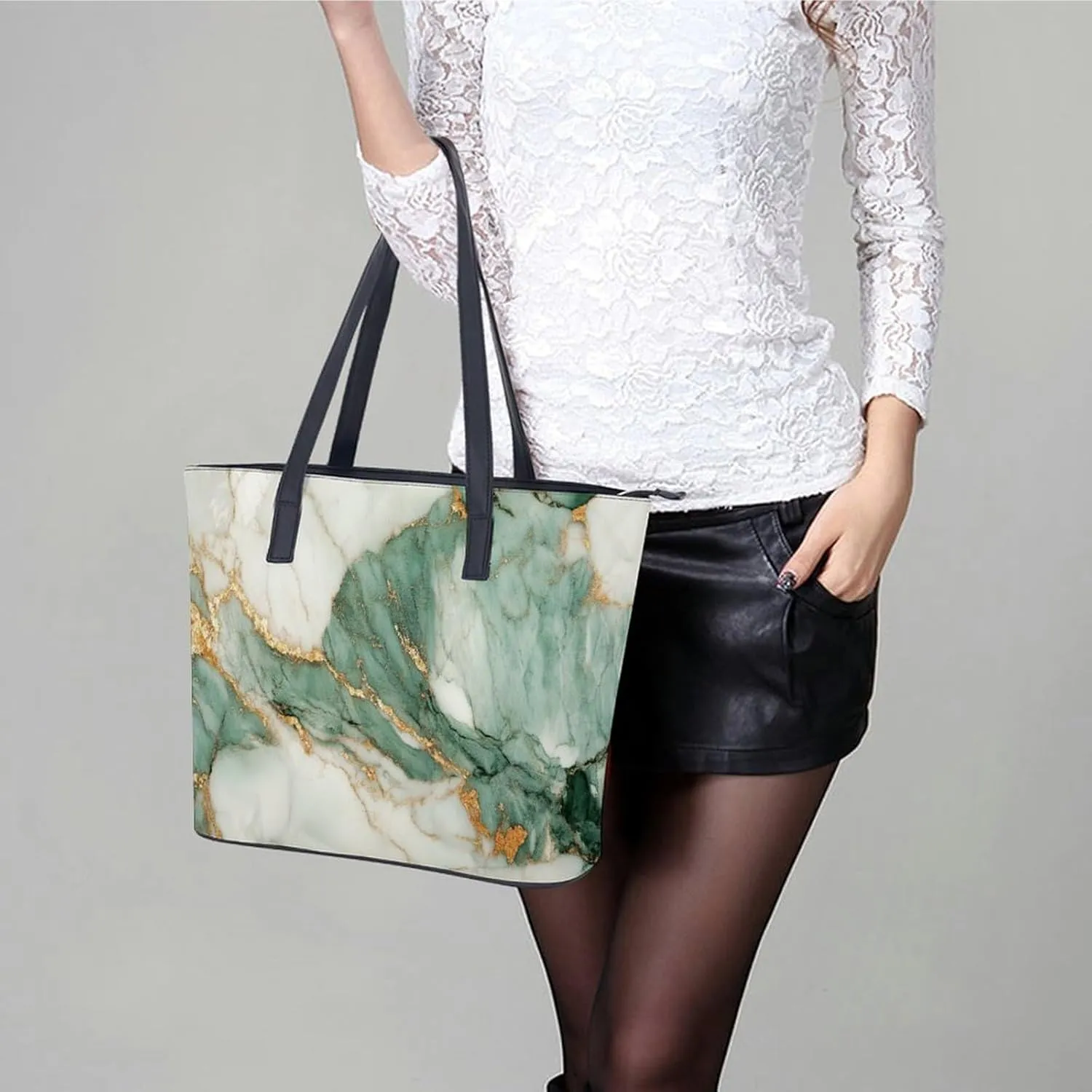 Abstract Brown Black Marble Texture Women Soft Leather Handbags Tote Purses Shoulder Bucket Bags