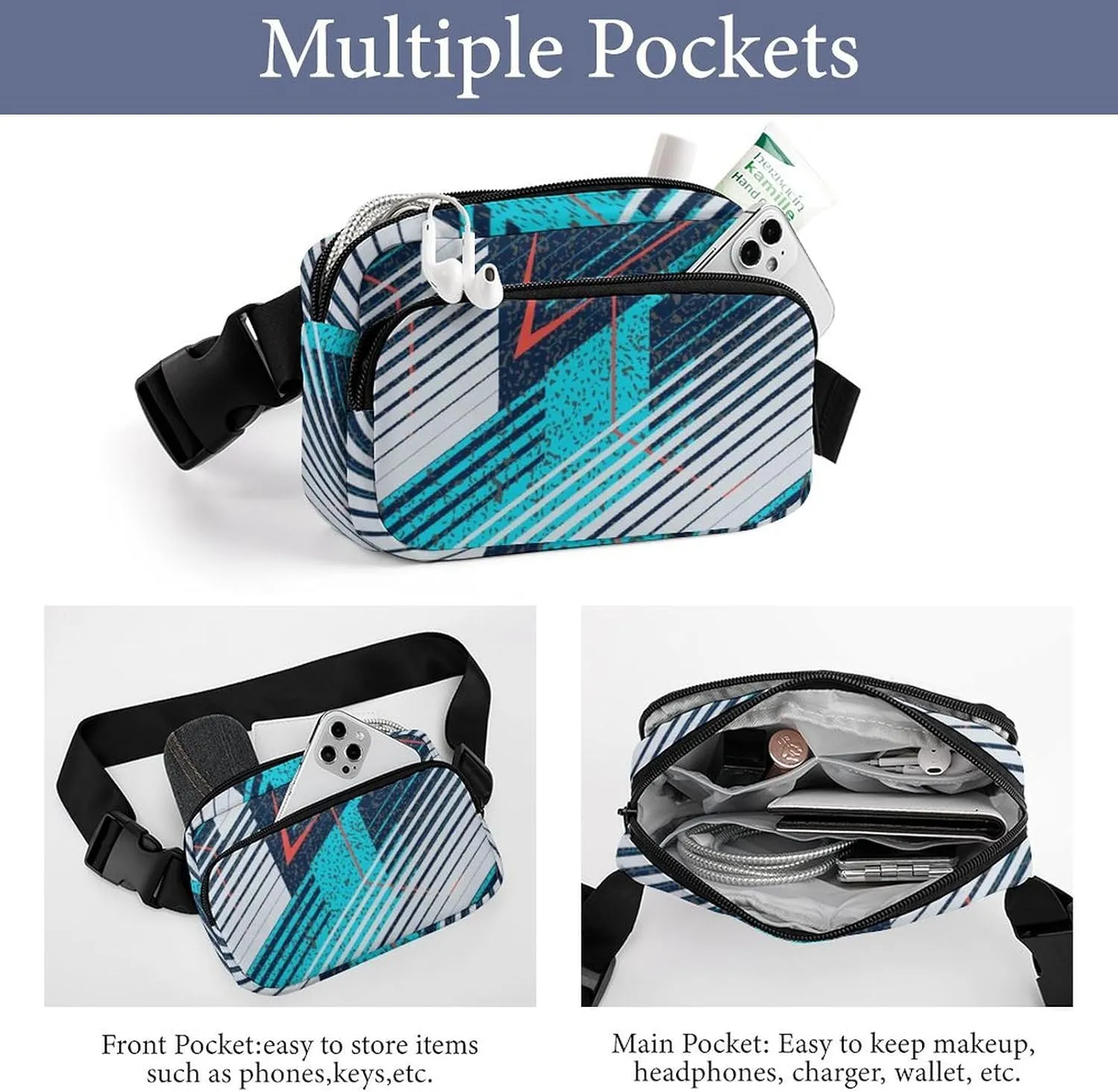 Abstract Oblique Geometry Belt Bag Fanny Pack Crossbody Cyan Blue White Fashion Waist Packs With Adjustable Strap For Men Women Travel Hiking Cycling Running