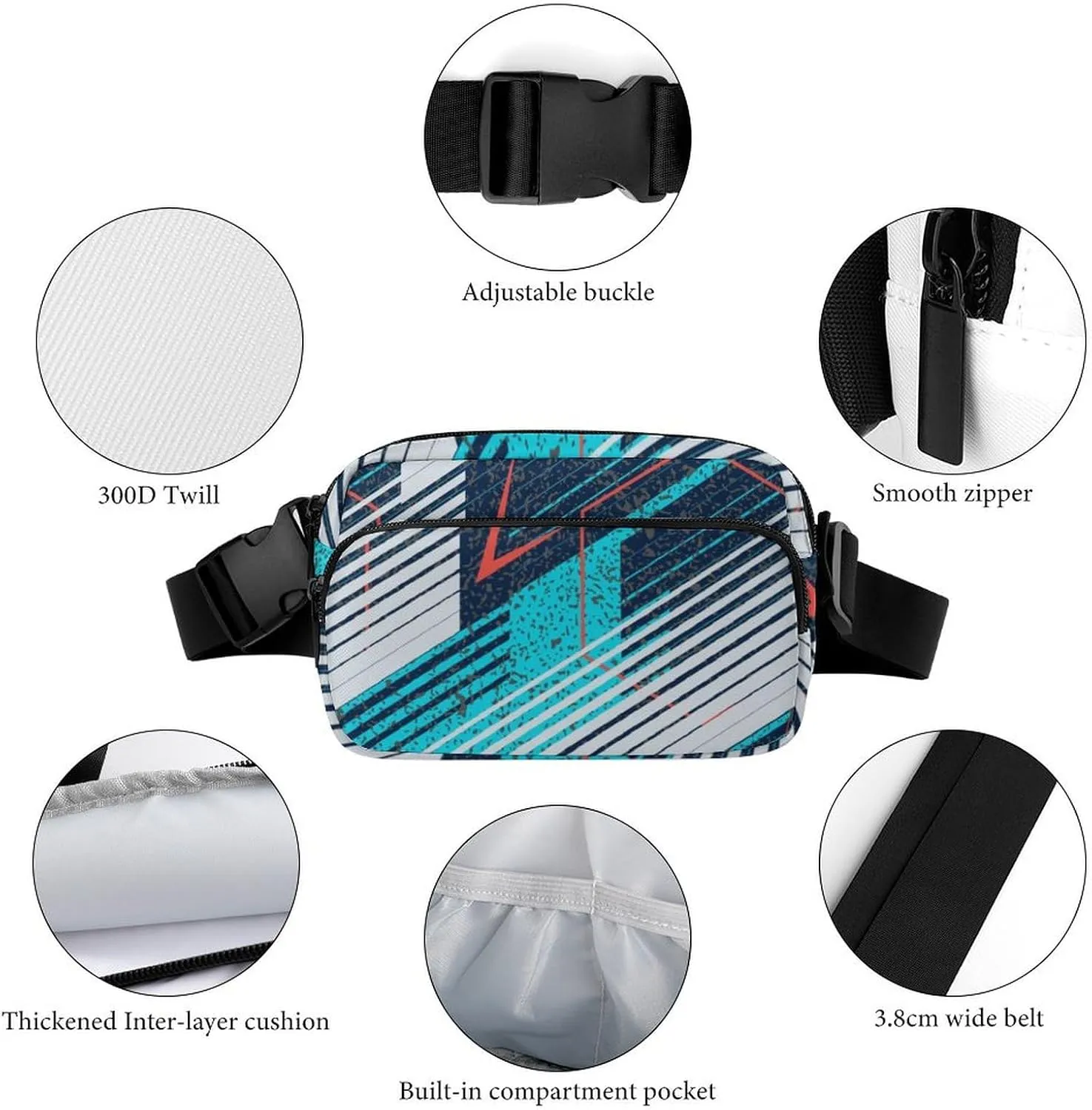Abstract Oblique Geometry Belt Bag Fanny Pack Crossbody Cyan Blue White Fashion Waist Packs With Adjustable Strap For Men Women Travel Hiking Cycling Running