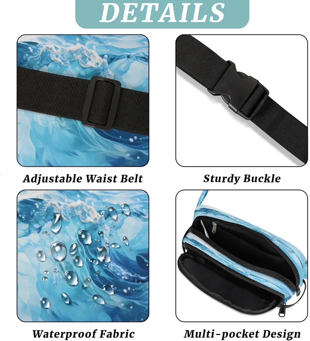 Abstract Oceans Men's and Women's Waist Pack Crossbody Cute Blue Ocean Waist Pack Running Strap, Adjustable Shoulder Strap - For Hiking and Running Exercise Fitness