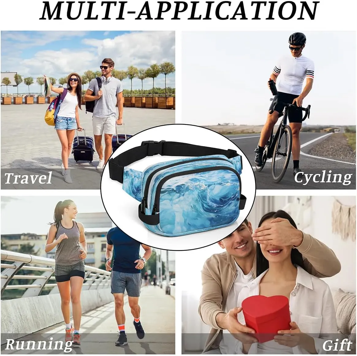 Abstract Oceans Men's and Women's Waist Pack Crossbody Cute Blue Ocean Waist Pack Running Strap, Adjustable Shoulder Strap - For Hiking and Running Exercise Fitness