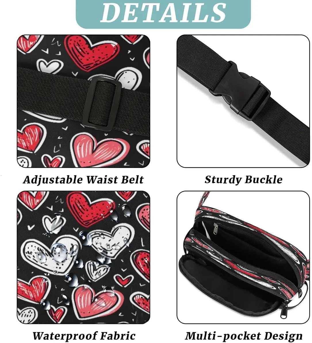 Abstraction Cute Heart Pattern Fanny Packs for Women Men Waterproof Waist Bag with Adjustable Strap Belt Bag for Travel Running Hiking