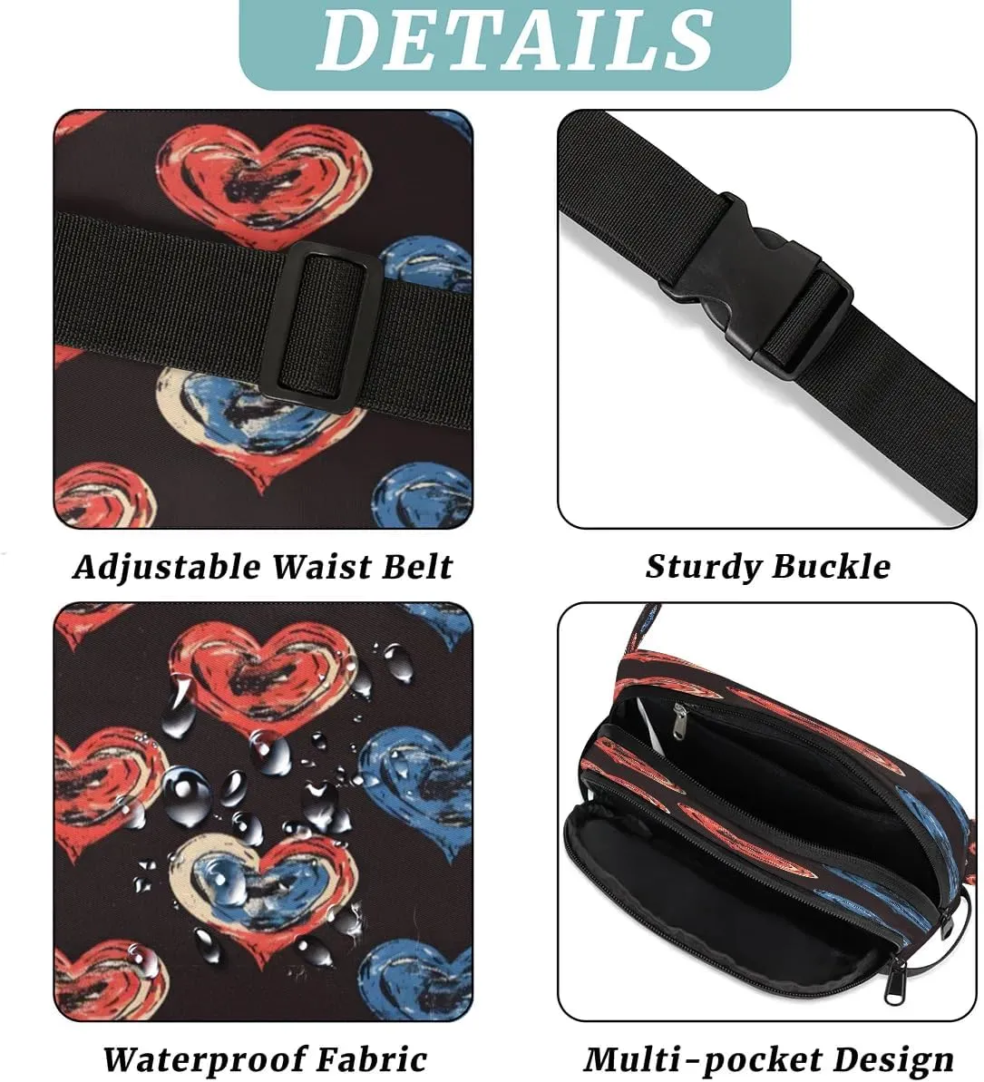 Abstraction Heart Retro Patterns Fanny Packs for Women Men Waterproof Waist Bag with Adjustable Strap Belt Bag for Travel Running Hiking
