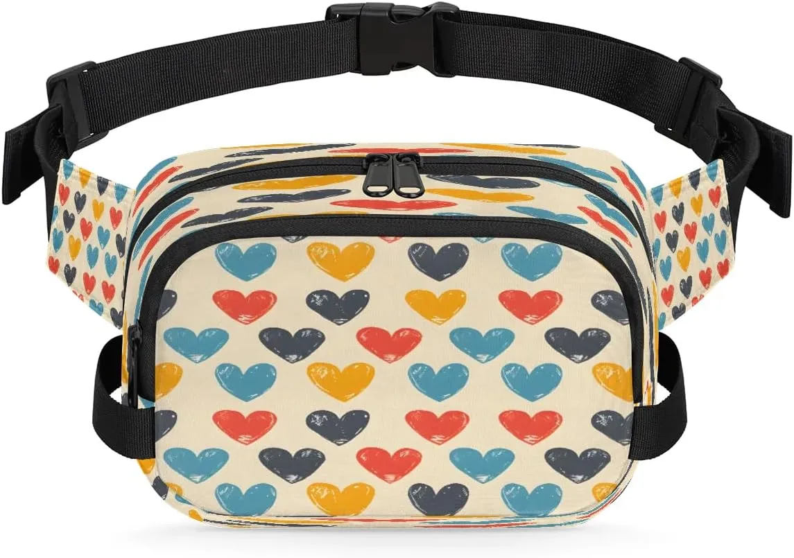 Abstraction Multi Love Pattern Fanny Packs for Women Men Waterproof Waist Bag with Adjustable Strap Belt Bag for Travel Running Hiking