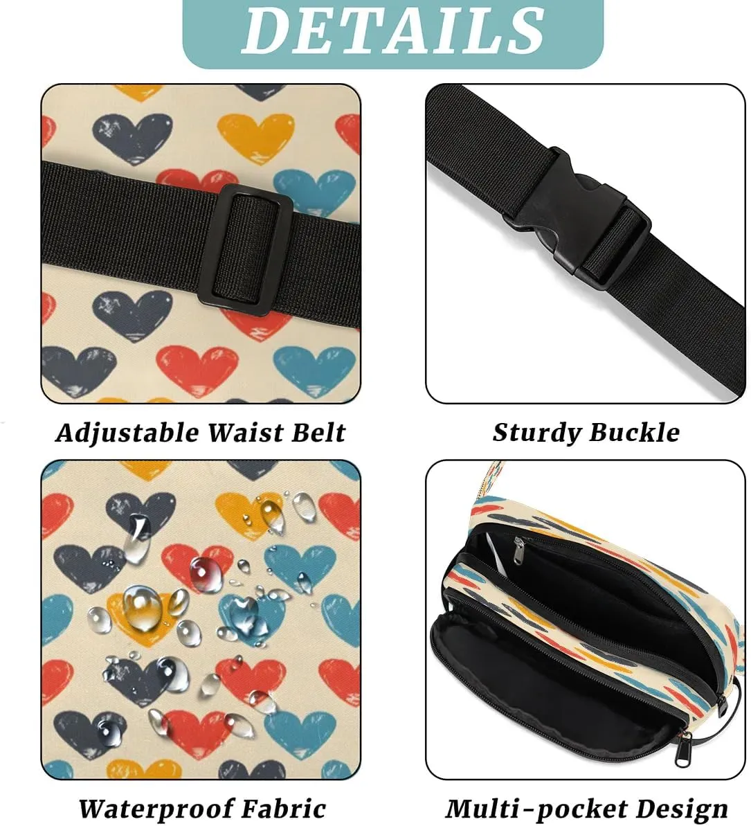 Abstraction Multi Love Pattern Fanny Packs for Women Men Waterproof Waist Bag with Adjustable Strap Belt Bag for Travel Running Hiking