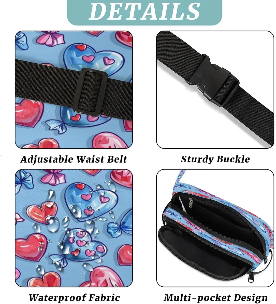 Abstraction Multi Love Prints Fanny Packs for Women Men Waterproof Waist Bag with Adjustable Strap Belt Bag for Travel Running Hiking