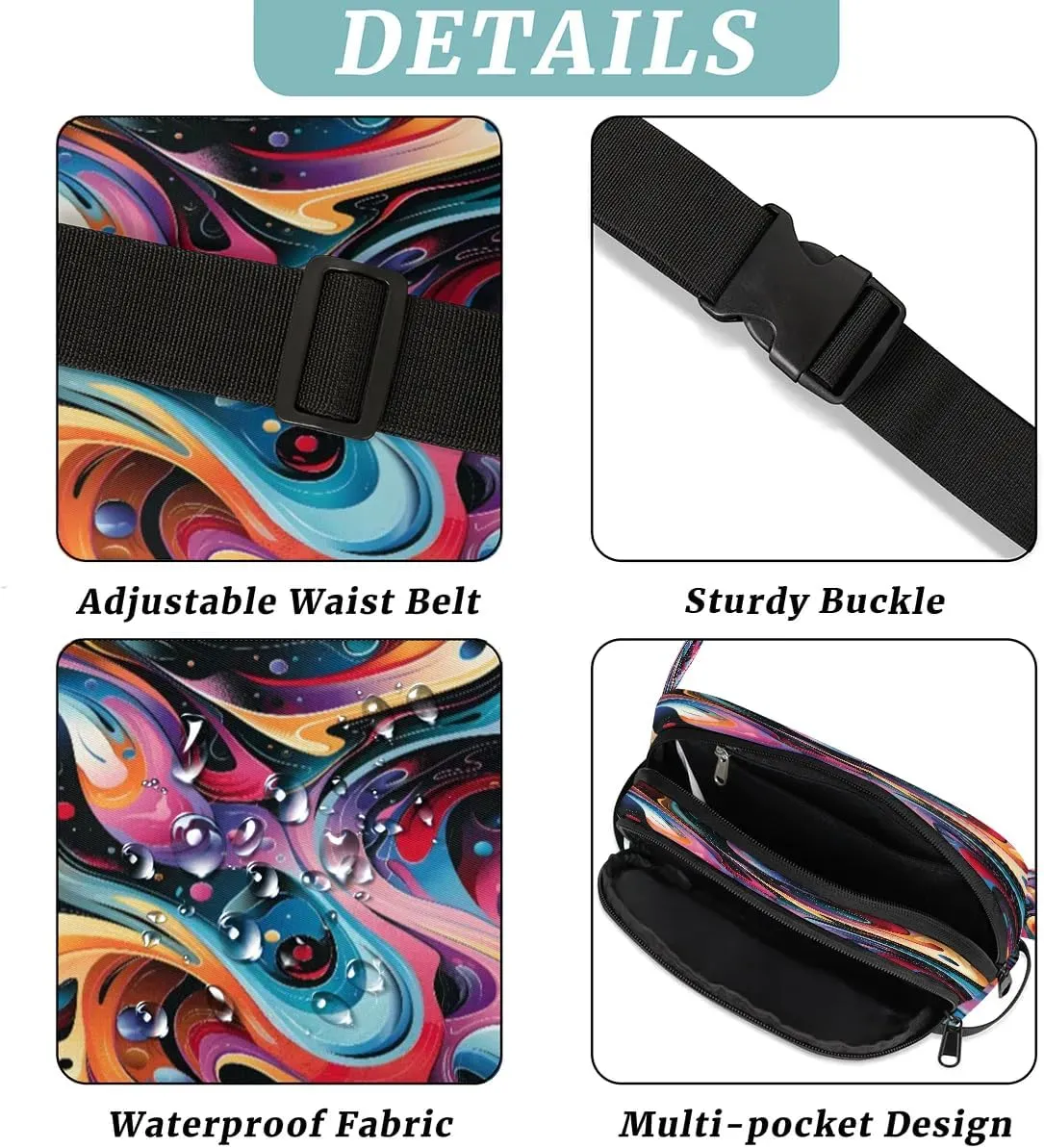 Abstraction Multicolor Printings Fanny Packs for Women Men Waterproof Waist Bag with Adjustable Strap Belt Bag for Travel Running Hiking