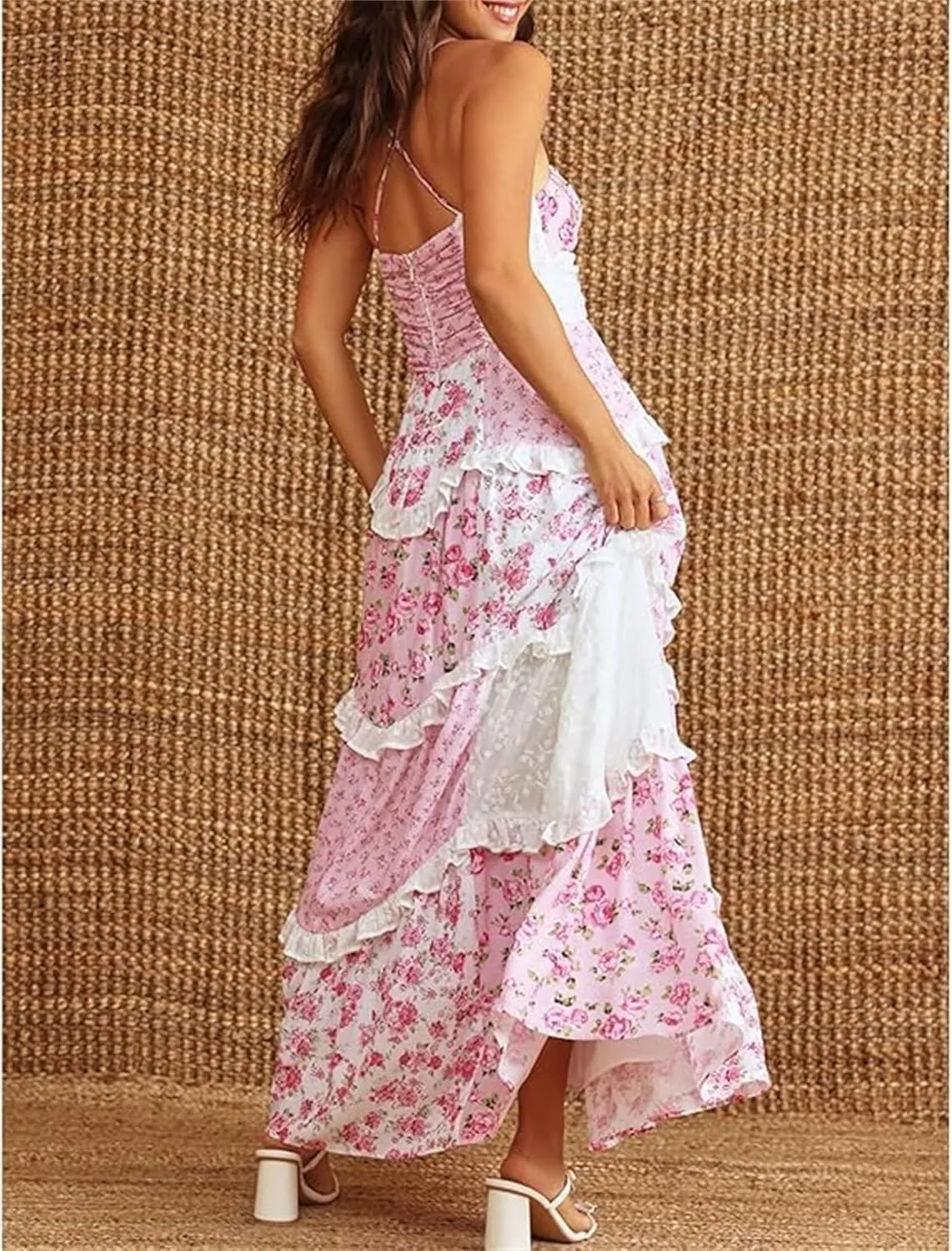 Adernlia Floral Maxi Dress Women Patchwork Floral Flowy Maxi Dress Y2k Spaghetti Strap V Neck Beach Dresses