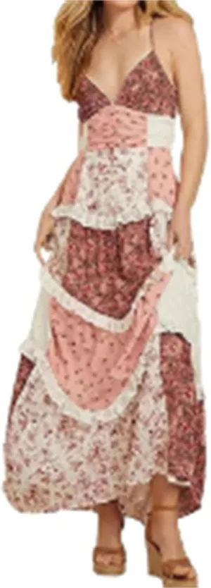Adernlia Floral Maxi Dress Women Patchwork Floral Flowy Maxi Dress Y2k Spaghetti Strap V Neck Beach Dresses
