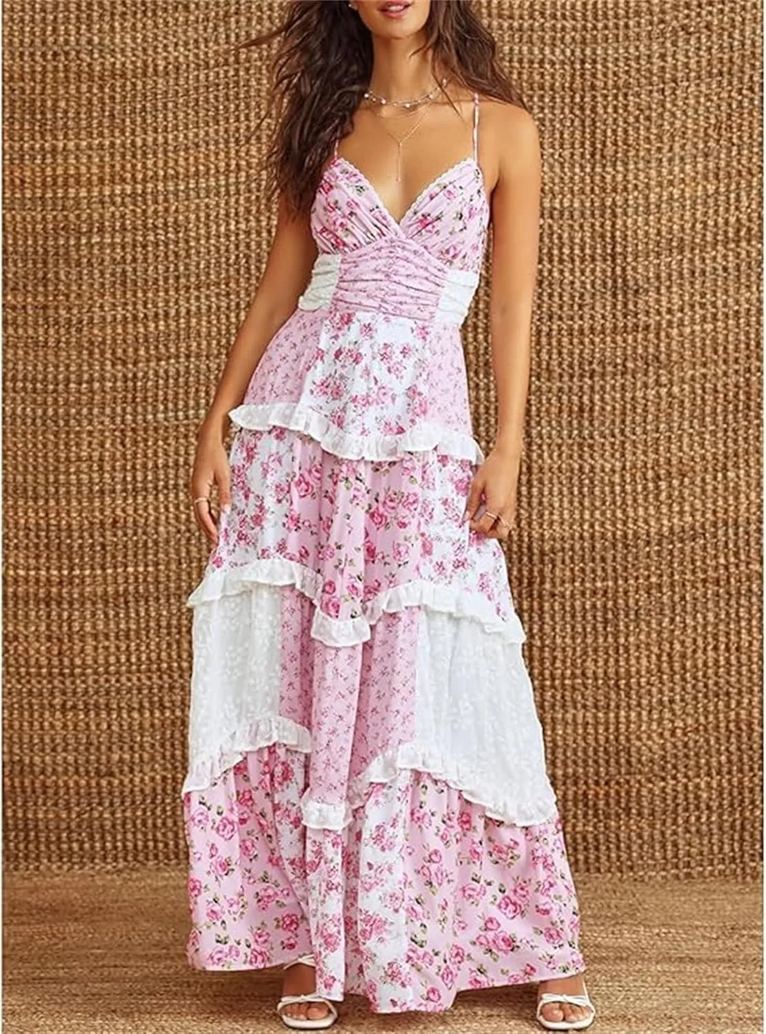 Adernlia Floral Maxi Dress Women Patchwork Floral Flowy Maxi Dress Y2k Spaghetti Strap V Neck Beach Dresses