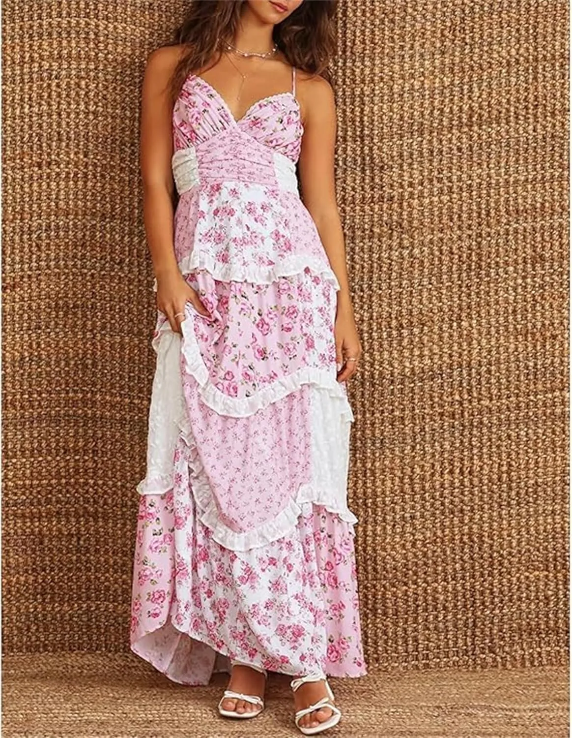 Adernlia Floral Maxi Dress Women Patchwork Floral Flowy Maxi Dress Y2k Spaghetti Strap V Neck Beach Dresses