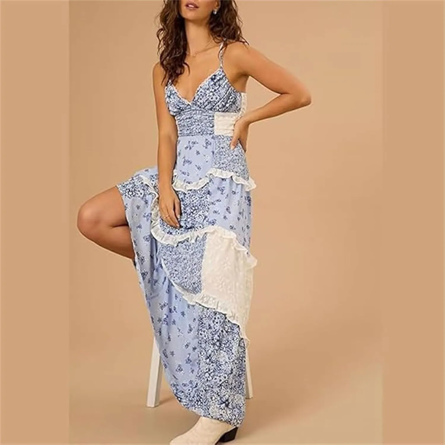 Adernlia Floral Maxi Dress Women Patchwork Floral Flowy Maxi Dress Y2k Spaghetti Strap V Neck Beach Dresses