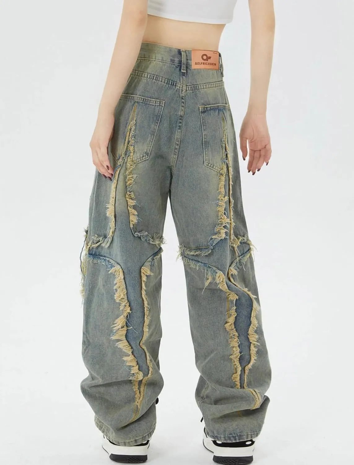 Aelfric Eden Mens Jeans Ripped Patchwork Fringe Denim Pants Wide Leg Y2K Jeans Hip Hop Streetwear Baggy Straight Trousers