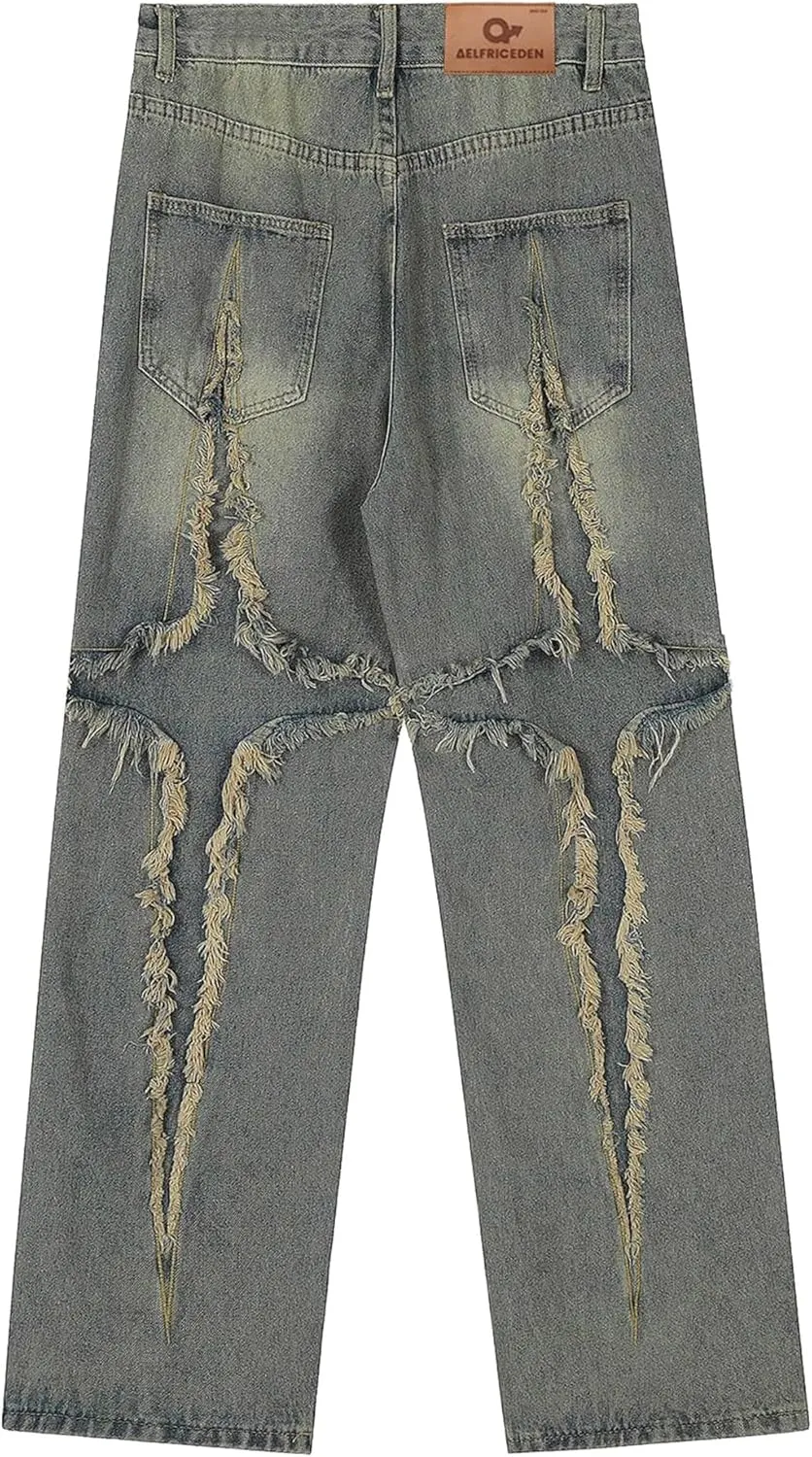 Aelfric Eden Mens Jeans Ripped Patchwork Fringe Denim Pants Wide Leg Y2K Jeans Hip Hop Streetwear Baggy Straight Trousers
