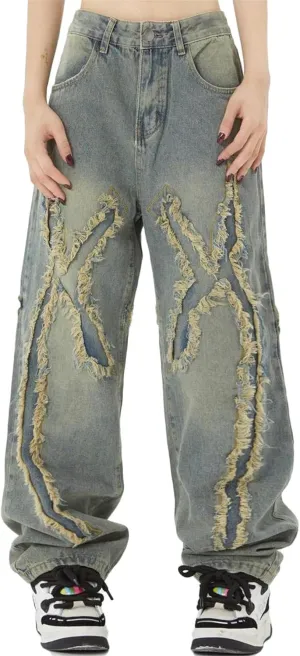 Aelfric Eden Mens Jeans Ripped Patchwork Fringe Denim Pants Wide Leg Y2K Jeans Hip Hop Streetwear Baggy Straight Trousers