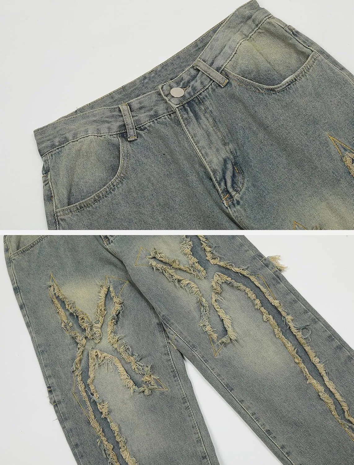 Aelfric Eden Mens Jeans Ripped Patchwork Fringe Denim Pants Wide Leg Y2K Jeans Hip Hop Streetwear Baggy Straight Trousers